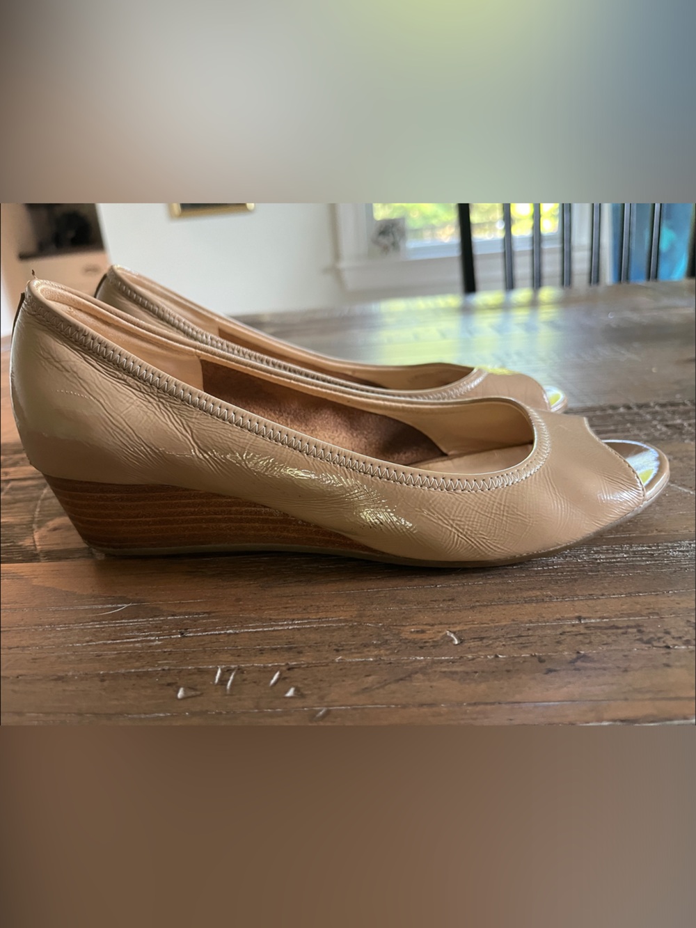 Cole Haan Nude Patent Leather Wedge Peep-Toe Pumps with Nike Air Technology 7.5B